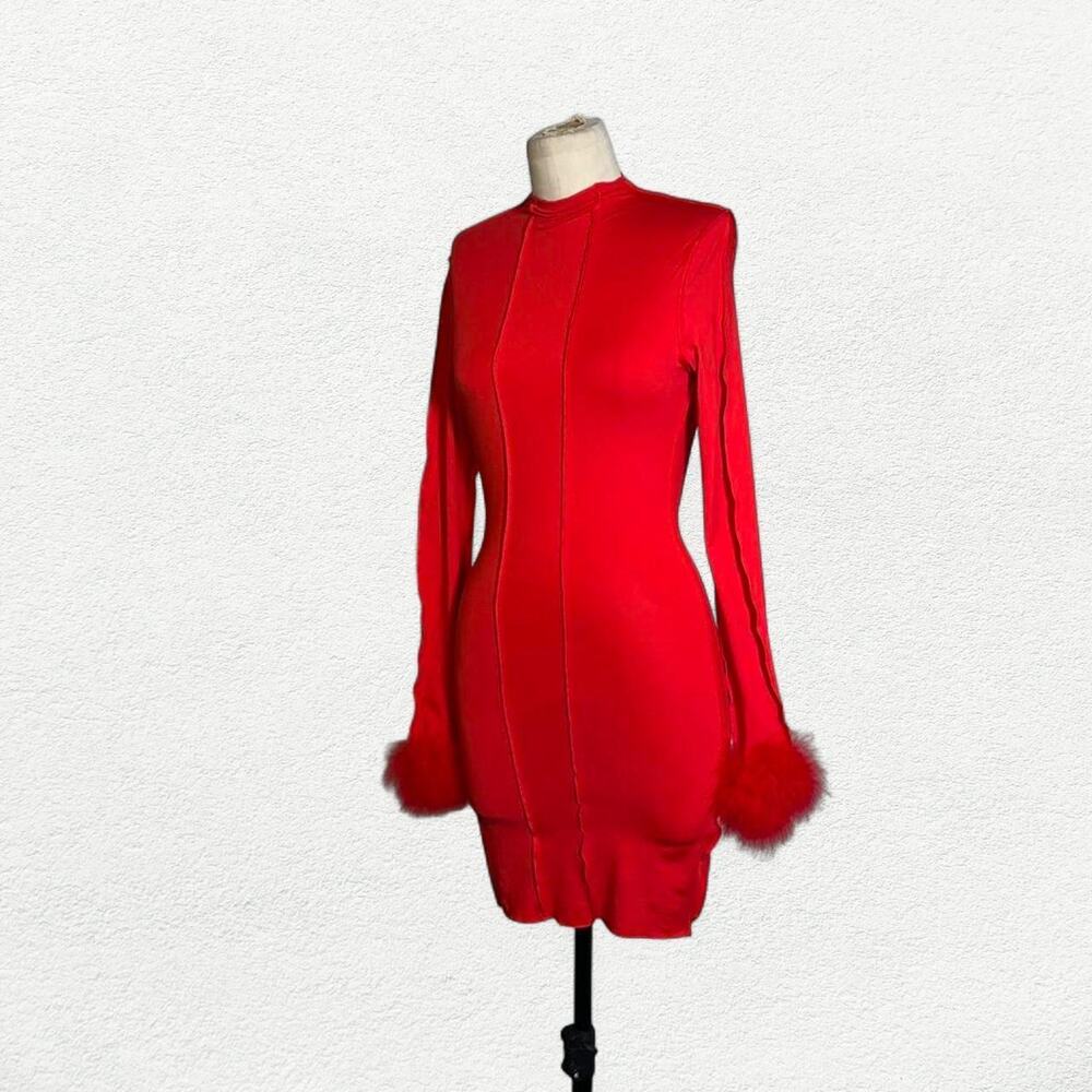 Inside Out Long Sleeve Fur Cuff Cut Out Open Back Mini Dress in Red